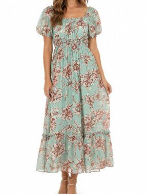 Flowy Spring Midi Dress with Smocked Back and Puffed Sleeves Size L
